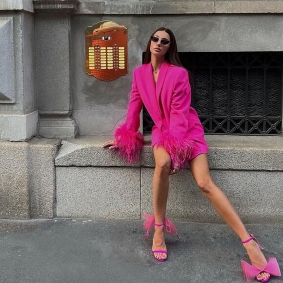 NWT Zara Pink Straight Cut Blazer With Feather Cuff Sleeves. Blogger fave! - Picture 1 of 15